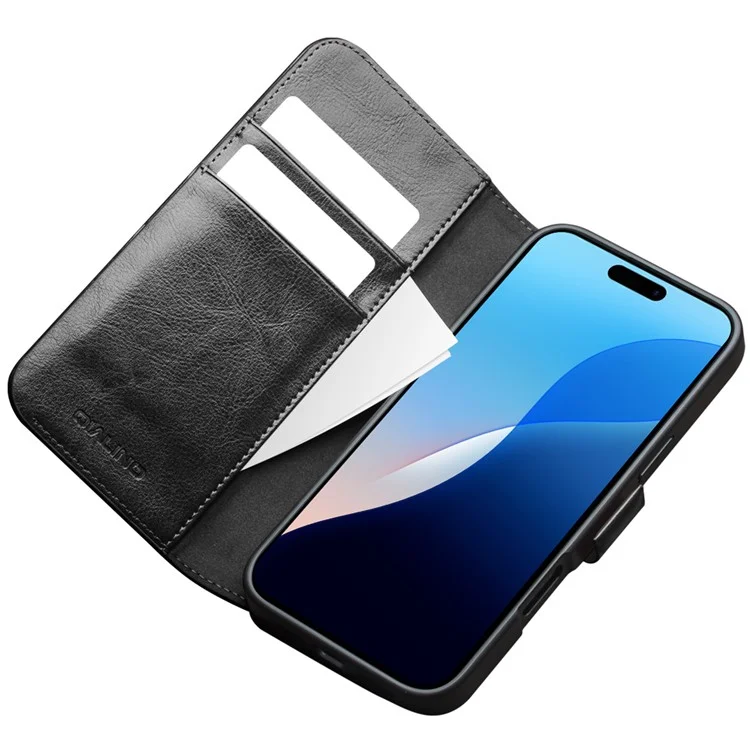 QIALINO For iPhone 16 Pro Max Case TPU+Genuine Cow Leather Wallet Phone Cover - Black-Cellmalls