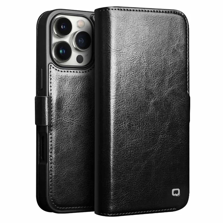QIALINO For iPhone 16 Pro Max Case TPU+Genuine Cow Leather Wallet Phone Cover - Black-Cellmalls
