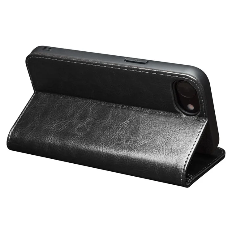 QIALINO For iPhone 16e Case with Card Holder Genuine Cow Leather Stand Phone Cover - Black-Cellmalls