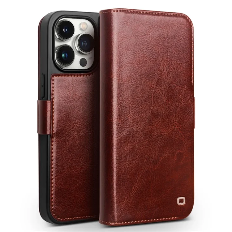QIALINO For iPhone 15 Pro Max Genuine Cow Leather+TPU Phone Case Magnetic Closure Full Protection Phone Cover - Dark Brown-Cellmalls