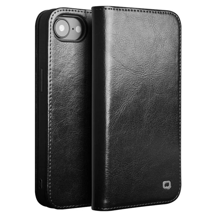 QIALINO For iPhone 16e Case with Card Holder Genuine Cow Leather Stand Phone Cover - Black-Cellmalls