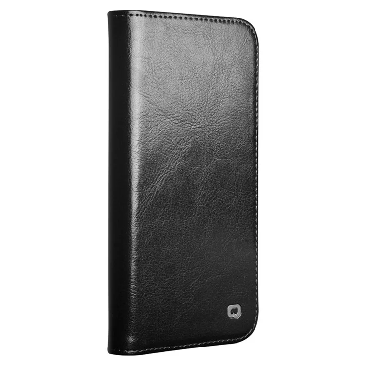 QIALINO For iPhone 16e Case with Card Holder Genuine Cow Leather Stand Phone Cover - Black-Cellmalls