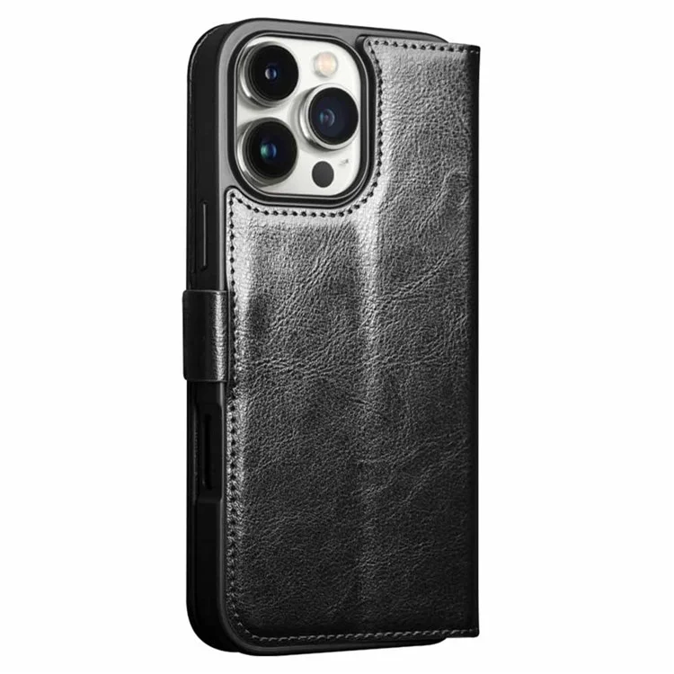 QIALINO For iPhone 16 Pro Max Case TPU+Genuine Cow Leather Wallet Phone Cover - Black-Cellmalls