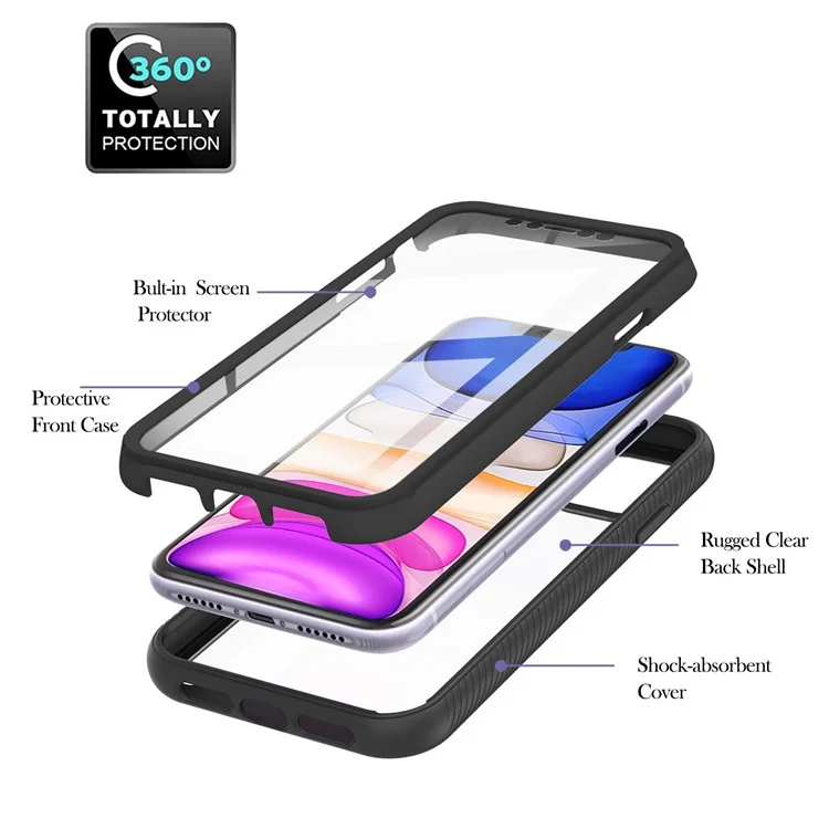 For iPhone 11 6.1 inch Phone Case 3-in-1 Anti-Drop Full Protection PC+TPU Protective Cover with PET Screen Protector - Black / Black Frame-Cellmalls