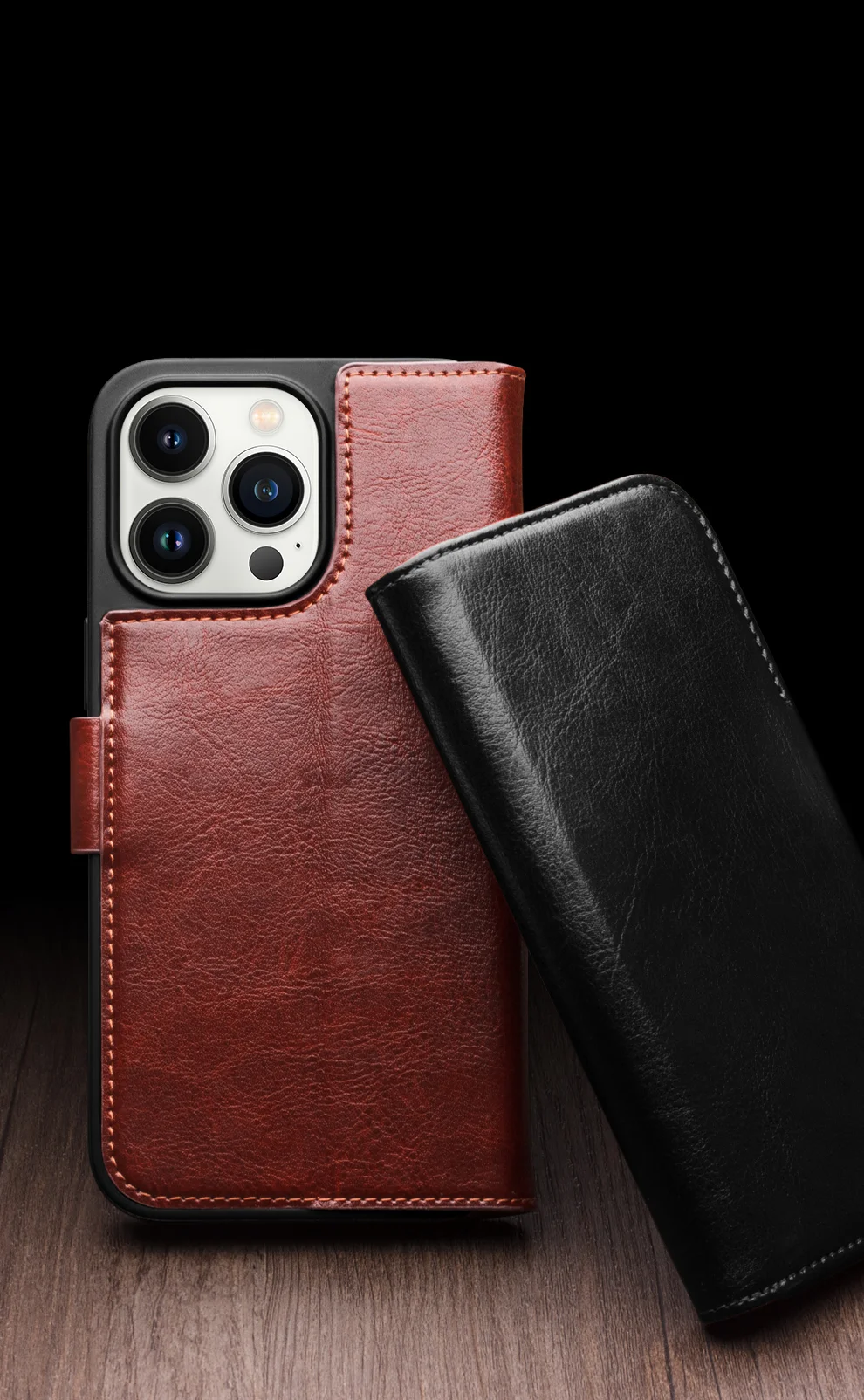QIALINO Genuine Cow Leather+TPU Phone Case for iPhone 15 Plus Magnetic Closure Shockproof Phone Cover - Dark Brown-Cellmalls