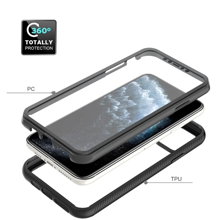 For iPhone 11 Pro Max 6.5 inch 3-in-1 Shockproof Phone Case PC Back + TPU Frame + PET Screen Protector Hybrid Cover - Black-Cellmalls
