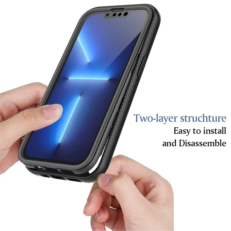 All-round Protection TPU + PC Hybrid Phone Case Cover with PET Screen Protector for iPhone 13 Pro 6.1 inch - Black-Cellmalls