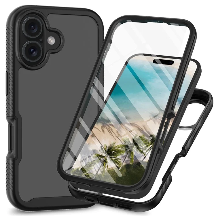 For iPhone 16 Plus Case PC+TPU Clear Phone Cover with PET Screen Film - Black-Cellmalls