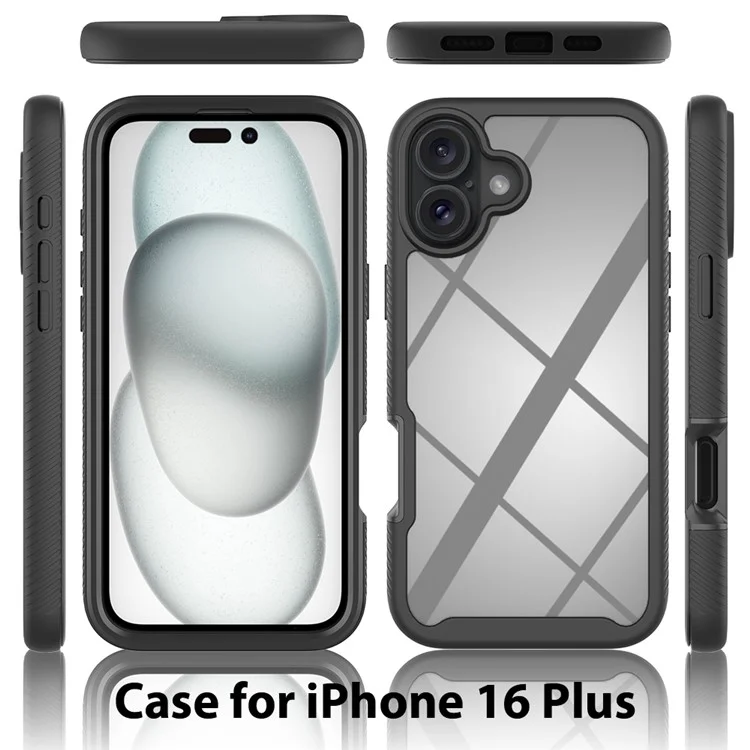 For iPhone 16 Plus Case PC+TPU Clear Phone Cover with PET Screen Film - Black-Cellmalls