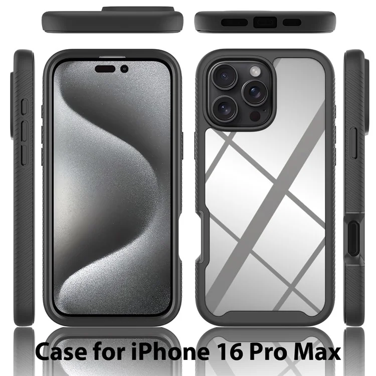 For iPhone 16 Pro Max Case PC+TPU Clear Phone Cover with PET Screen Film - Black-Cellmalls