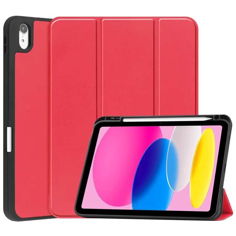 For iPad (2025) / 10.9 (2022) Stand Case Shock-Absorbent Leather Tablet Cover with Pen Slot - Red-Cellmalls