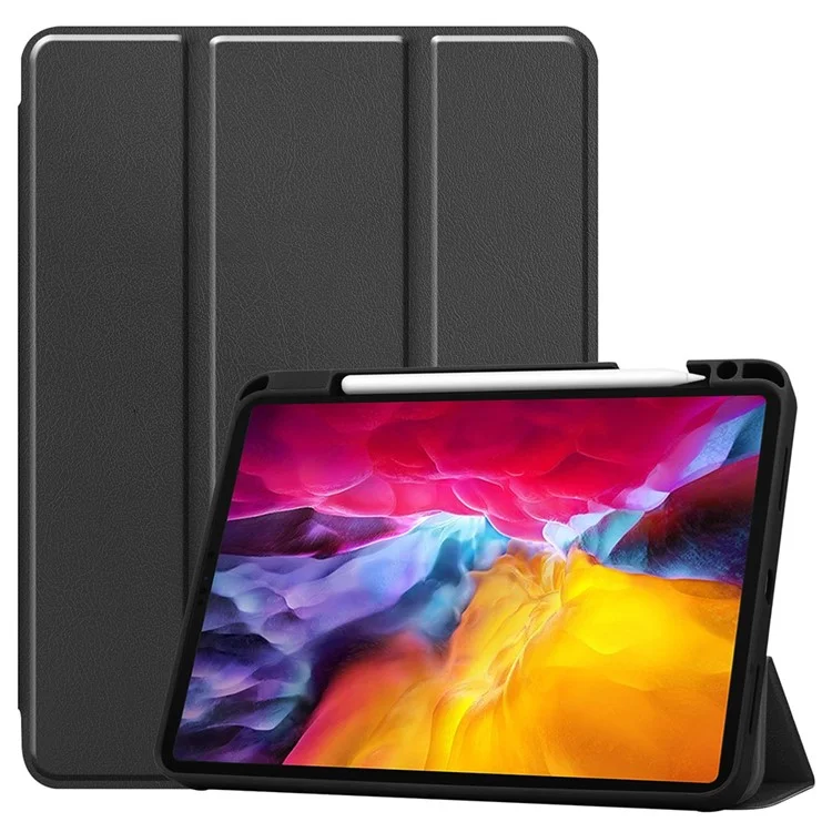 Stable Tri-fold Stand Stand Leather Tablet Cover Smart Case Shell with Pen Slot for iPad Pro 11-inch (2021) - Black-Cellmalls