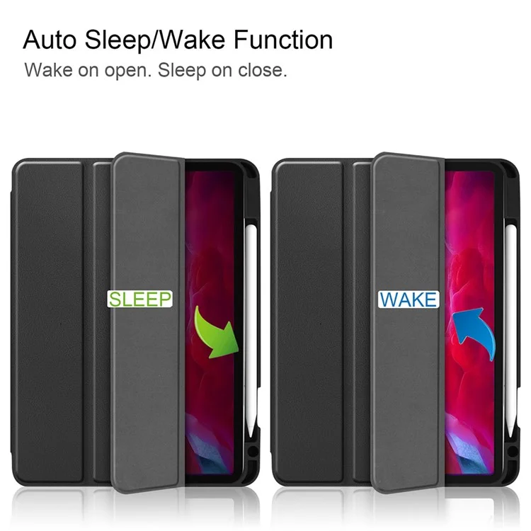 Stable Tri-fold Stand Stand Leather Tablet Cover Smart Case Shell with Pen Slot for iPad Pro 11-inch (2021) - Black-Cellmalls