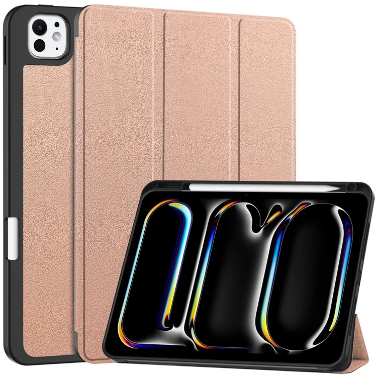 For iPad Pro 11 (2024) Leather Case Drop-proof Tri-fold Stand Tablet Cover with Pen Slot - Black-Cellmalls