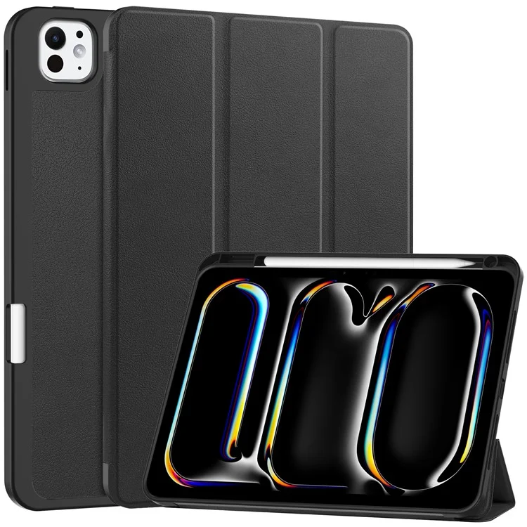 For iPad Pro 11 (2024) Leather Case Drop-proof Tri-fold Stand Tablet Cover with Pen Slot - Black-Cellmalls