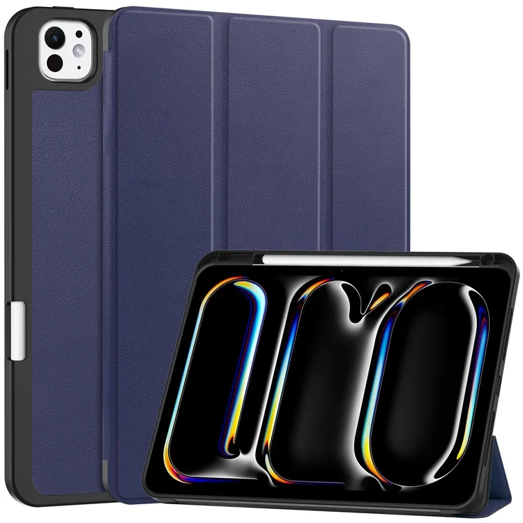 For iPad Pro 11 (2024) Leather Case Drop-proof Tri-fold Stand Tablet Cover with Pen Slot - Black-Cellmalls