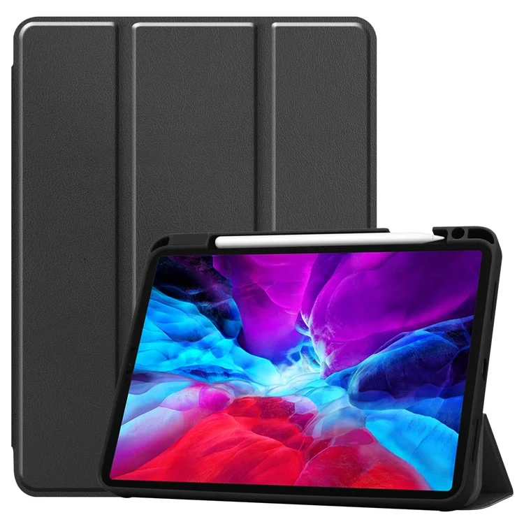 For iPad Pro 12.9 (2022) / (2021) / (2020) / (2018) PU Leather Stable Tri-fold Stand Stand Tablet Flip Case [with Pen Slot] - Black-Cellmalls