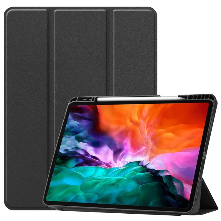 Anti-fingerprint Tri-fold Stand PU Leather Tablet Cover Smart Case with Pen Slot for Apple iPad Pro 12.9-inch (2021) - Black-Cellmalls