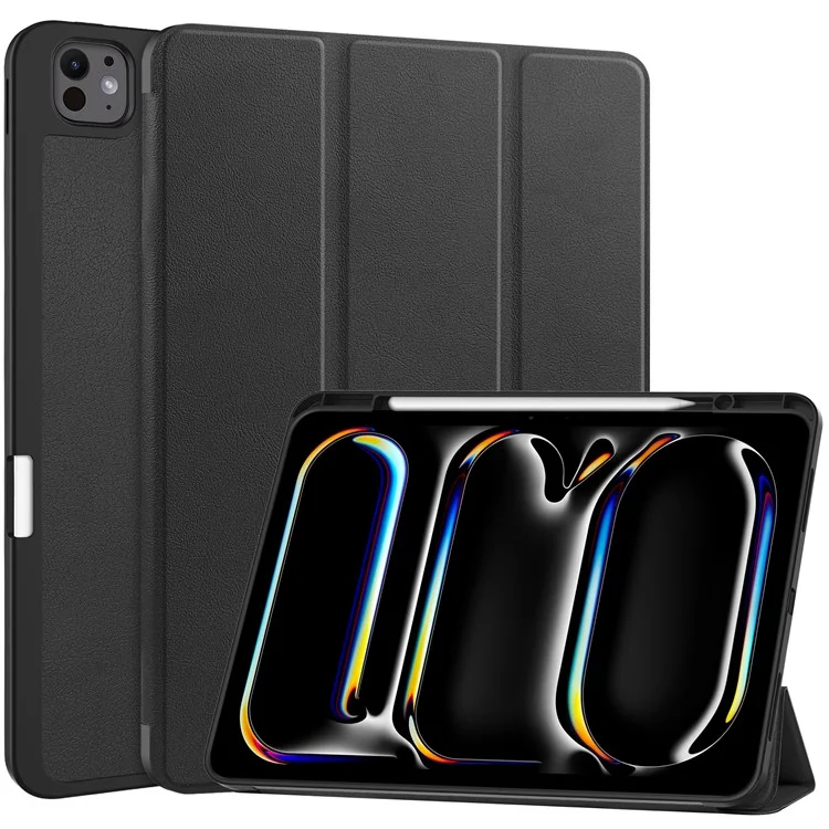 For iPad Pro 13 (2024) Stand Case Shock-Absorbent Leather Tablet Cover with Pen Slot - Black-Cellmalls
