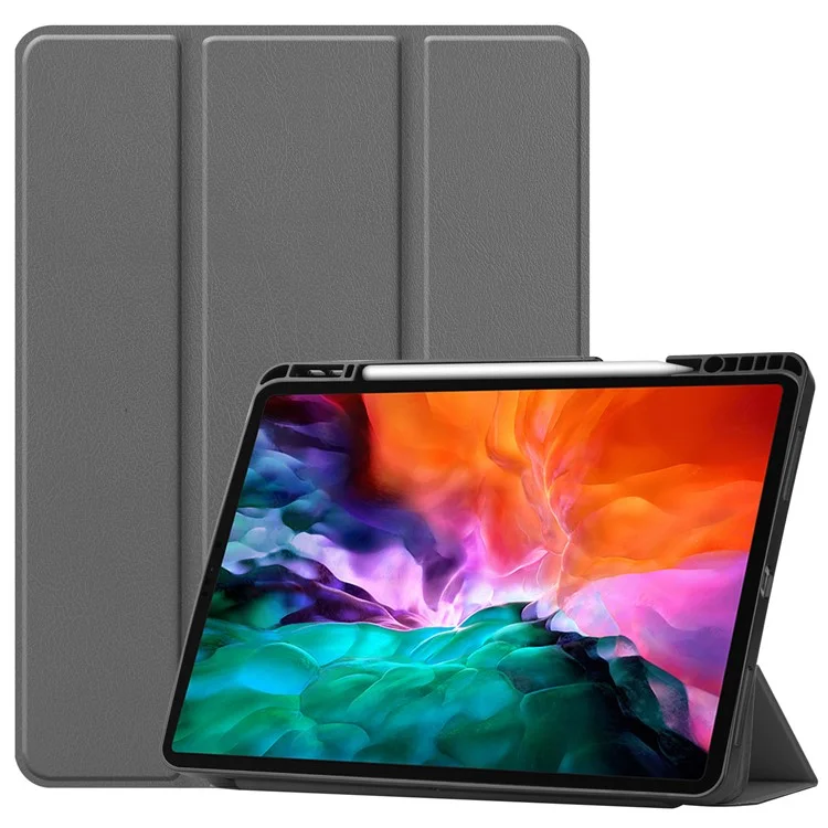Anti-fingerprint Tri-fold Stand PU Leather Tablet Cover Smart Case with Pen Slot for Apple iPad Pro 12.9-inch (2021) - Black-Cellmalls