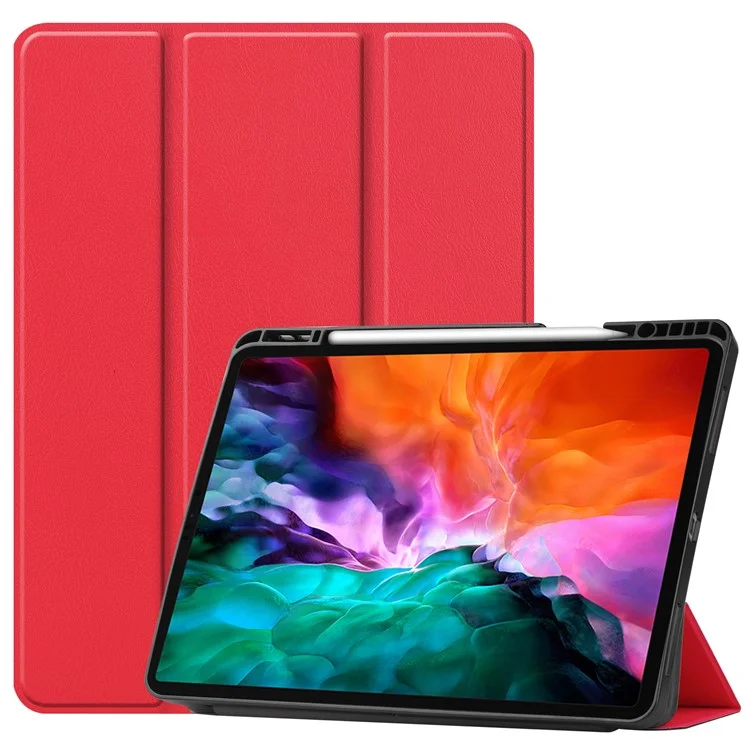 Anti-fingerprint Tri-fold Stand PU Leather Tablet Cover Smart Case with Pen Slot for Apple iPad Pro 12.9-inch (2021) - Black-Cellmalls