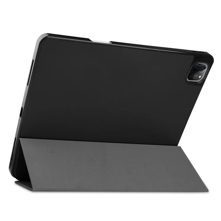 Anti-fingerprint Tri-fold Stand PU Leather Tablet Cover Smart Case with Pen Slot for Apple iPad Pro 12.9-inch (2021) - Black-Cellmalls