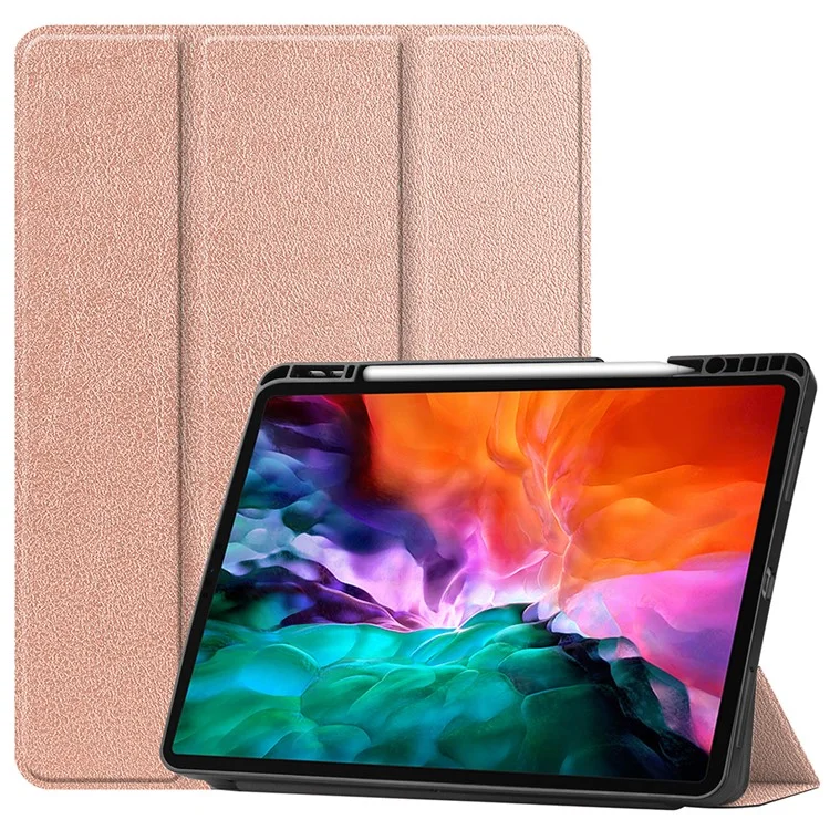 Anti-fingerprint Tri-fold Stand PU Leather Tablet Cover Smart Case with Pen Slot for Apple iPad Pro 12.9-inch (2021) - Black-Cellmalls