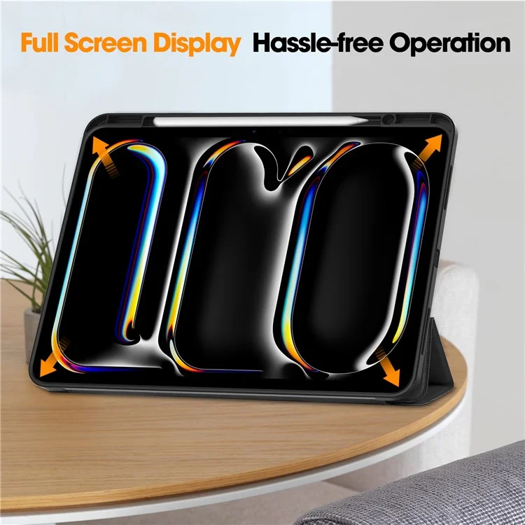 For iPad Pro 13 (2024) Stand Case Shock-Absorbent Leather Tablet Cover with Pen Slot - Black-Cellmalls