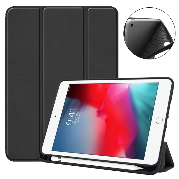 Stable Tri-fold Stand Stand PU Leather Smart Case with Pen Slot for iPad mini (2019) 7.9 inch / iPad mini 4 - Black-Cellmalls