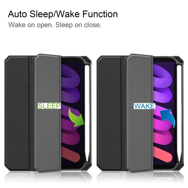 Anti-Scratch Tri-Fold Stand Shockproof PU Leather Smart Tablet Cover Protector with Pen Slot for iPad mini (2024) / mini (2021) - Black-Cellmalls