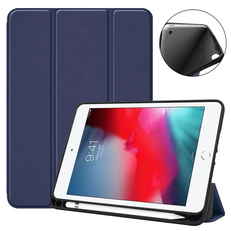 Stable Tri-fold Stand Stand PU Leather Smart Case with Pen Slot for iPad mini (2019) 7.9 inch / iPad mini 4 - Black-Cellmalls