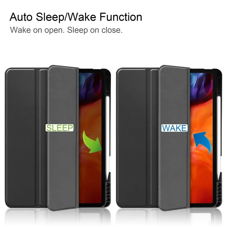 Anti-fingerprint Tri-fold Stand PU Leather Tablet Cover Smart Case with Pen Slot for Apple iPad Pro 12.9-inch (2021) - Black-Cellmalls