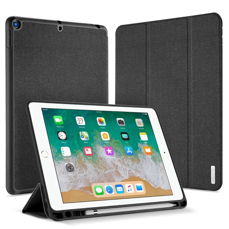 DUX DUCIS DOMO Series Tri-fold Stand PU Leather Smart Auto Wake/Sleep Cover with Pen Groove for iPad 9.7-inch (2018) / (2017) - Black-Cellmalls