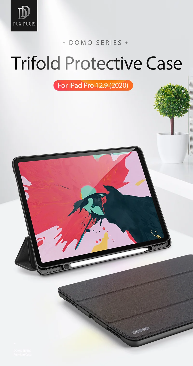 DUX DUCIS DOMO Series Microfiber Lining Tri-fold Leather Auto Sleep / Wake Tablet Cover with Pen Holder for iPad Pro 12.9 (2022) / (2021) / (2020) / (2018) - Black-Cellmalls