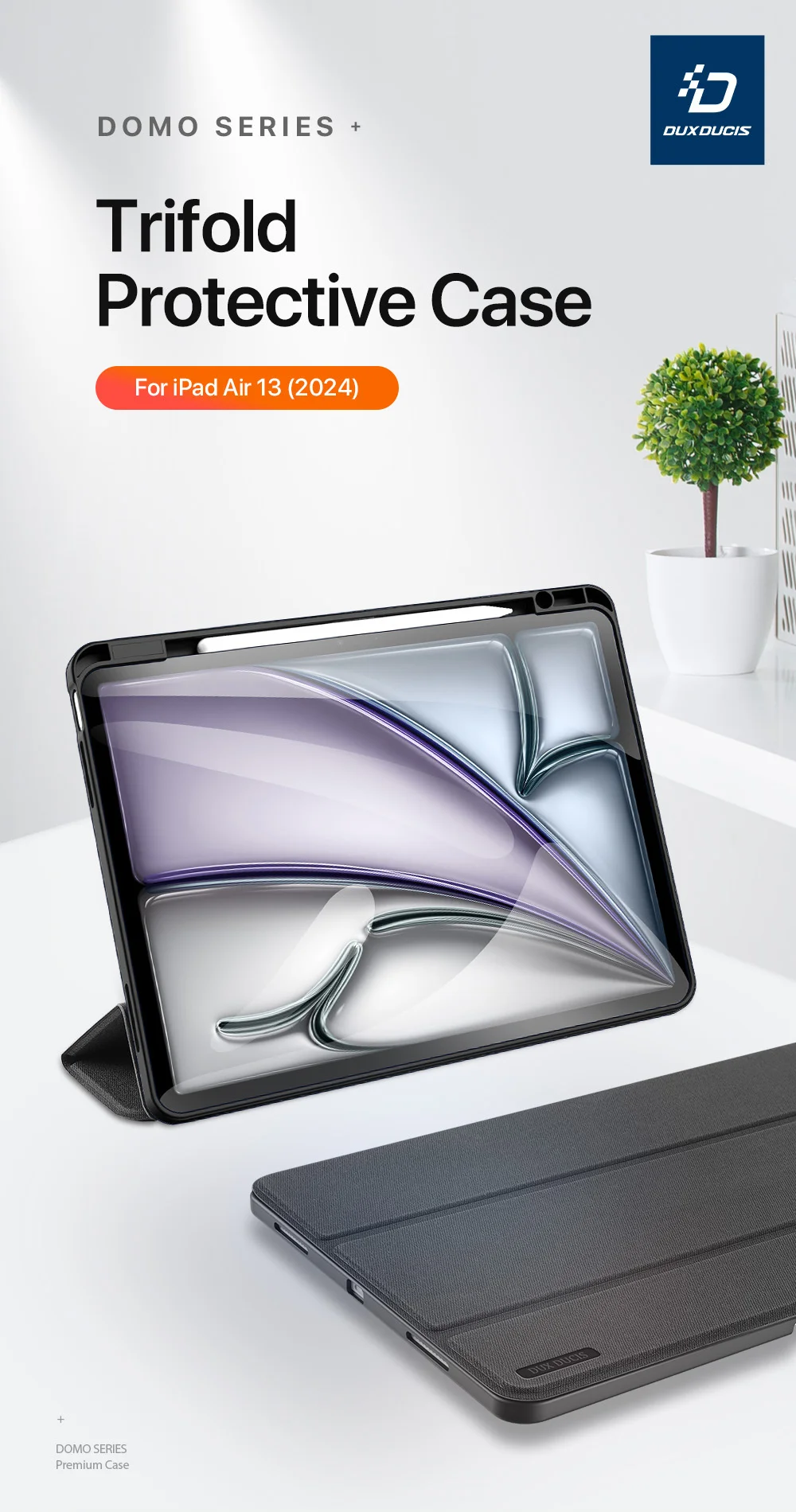 DUX DUCIS Domo Series for iPad Air 13 (2025) / (2024) Case Tri-Fold Stand Leather Smart Tablet Cover with Pencil Holder - Black-Cellmalls