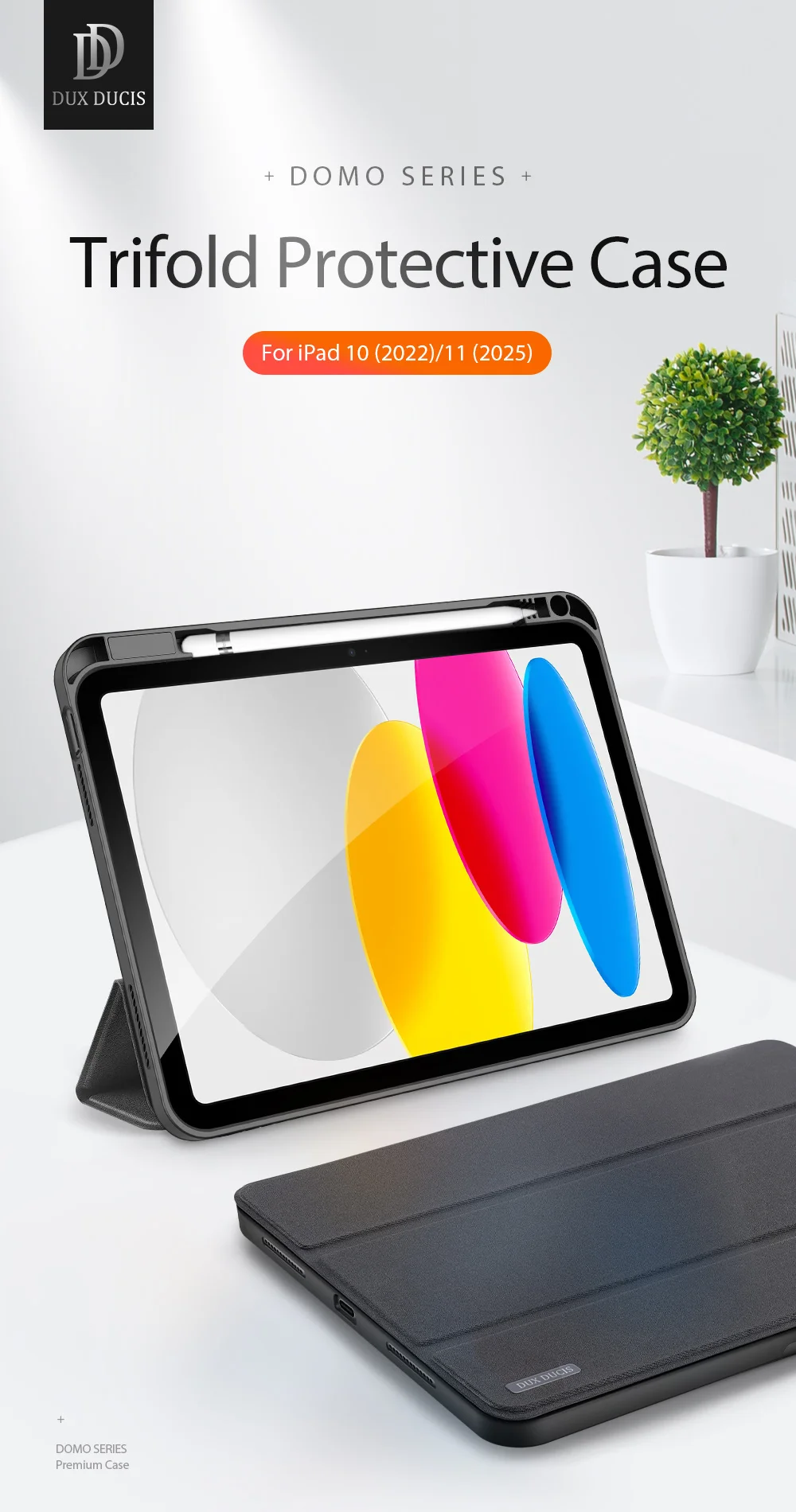 DUX DUCIS Domo Series for iPad (2025) / 10.9 (2022) Case Auto Wake / Sleep Tri-Fold Stand Leather Cover - Pink-Cellmalls