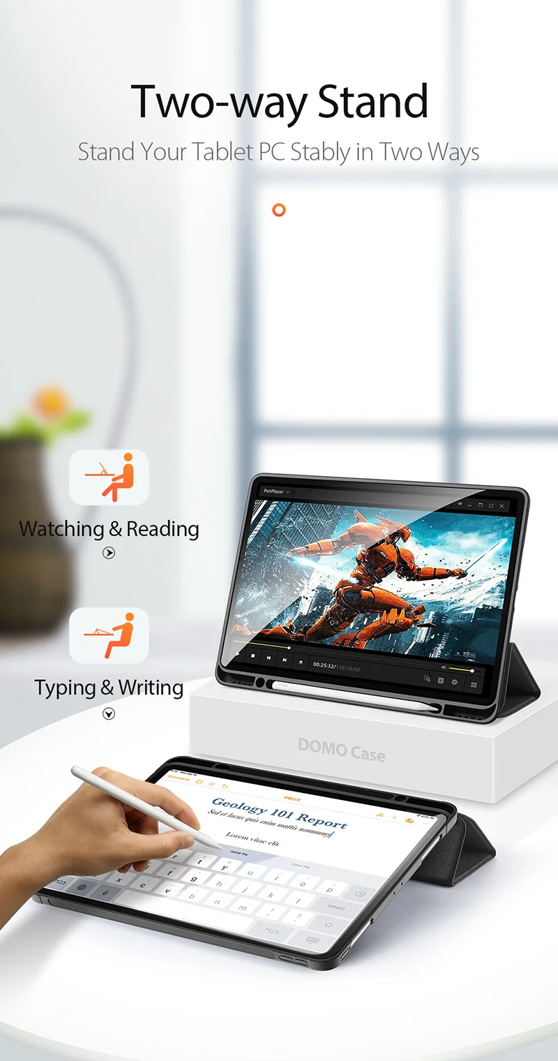 DUX DUCIS DOMO Series Microfiber Lining Tri-fold Leather Auto Sleep / Wake Tablet Cover with Pen Holder for iPad Pro 12.9 (2022) / (2021) / (2020) / (2018) - Black-Cellmalls