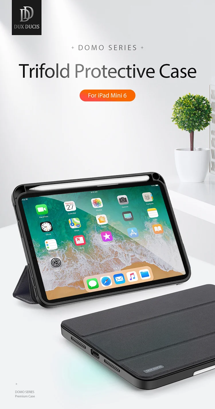 DUX DUCIS Domo Series Auto Wake / Sleep Leather Tri-Fold Stand Tablet Case with Pen Holder for iPad mini (2024) / mini (2021) - Black-Cellmalls