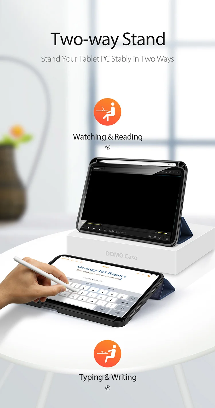 DUX DUCIS Domo Series Auto Wake / Sleep Leather Tri-Fold Stand Tablet Case with Pen Holder for iPad mini (2024) / mini (2021) - Black-Cellmalls