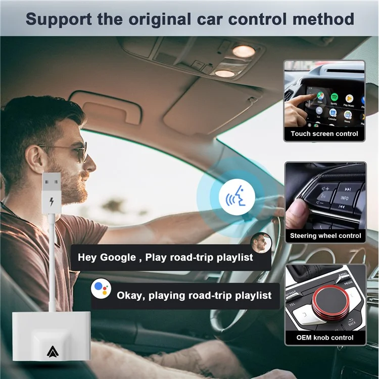THT-020-3+ Wireless Android Auto Adapter Wired to Wireless Converter Support USB and Type-C Port - White-Cellmalls