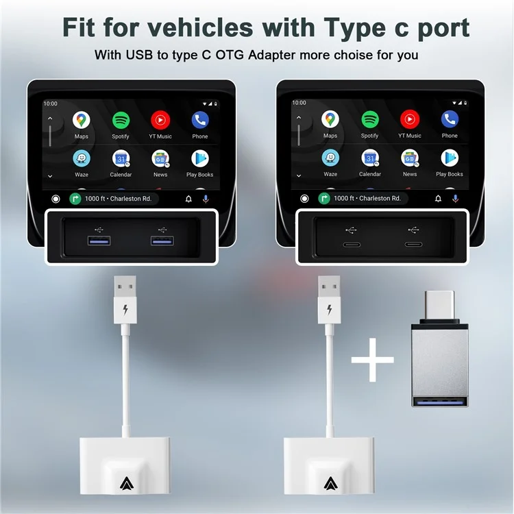 THT-020-3+ Wireless Android Auto Adapter Wired to Wireless Converter Support USB and Type-C Port - White-Cellmalls
