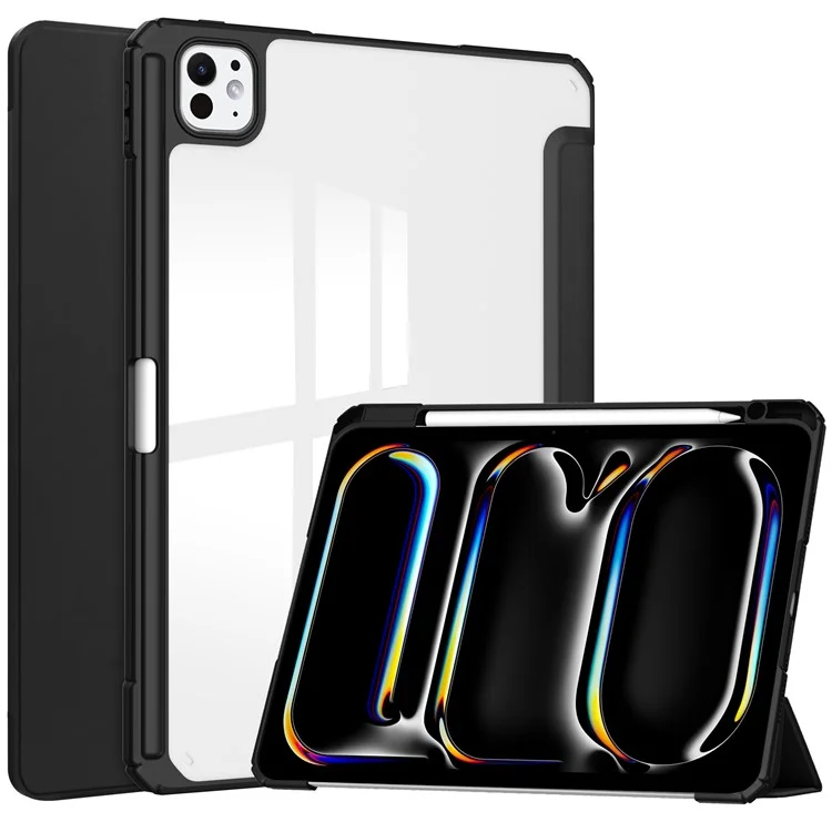 For iPad Pro 11 (2024) Case PU Leather+TPU+Acrylic Clear Tablet Cover with Pen Slot - Black-Cellmalls