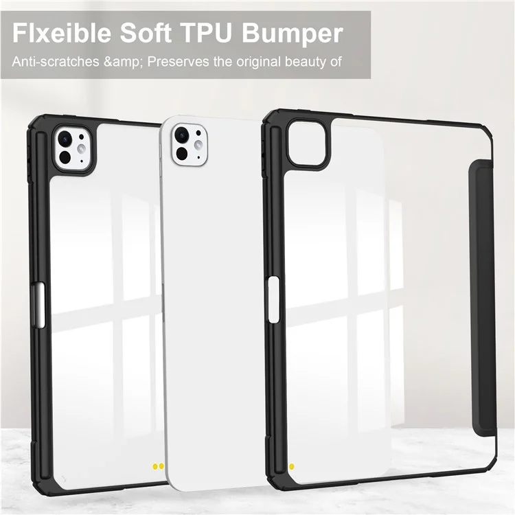 For iPad Pro 11 (2024) Case PU Leather+TPU+Acrylic Clear Tablet Cover with Pen Slot - Black-Cellmalls