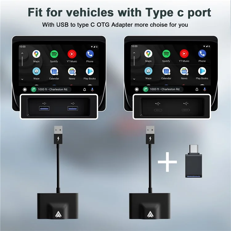 THT-020-3+ Wireless Android Auto Adapter Wired to Wireless Converter Support USB and Type-C Port - Black-Cellmalls