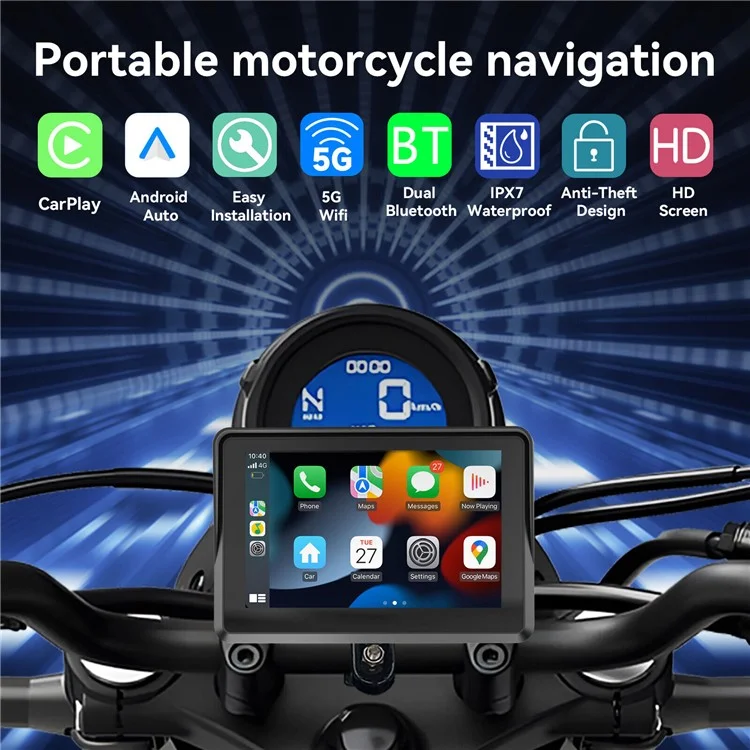 W512A 5 inch IPS Touch Screen 2.4G / 5G WiFi Motorcycle Navigation Screen with Wireless Carplay Android Auto-Cellmalls