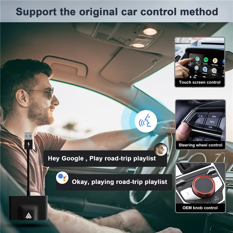 THT-020-3+ Wireless Android Auto Adapter Wired to Wireless Converter Support USB and Type-C Port - Black-Cellmalls