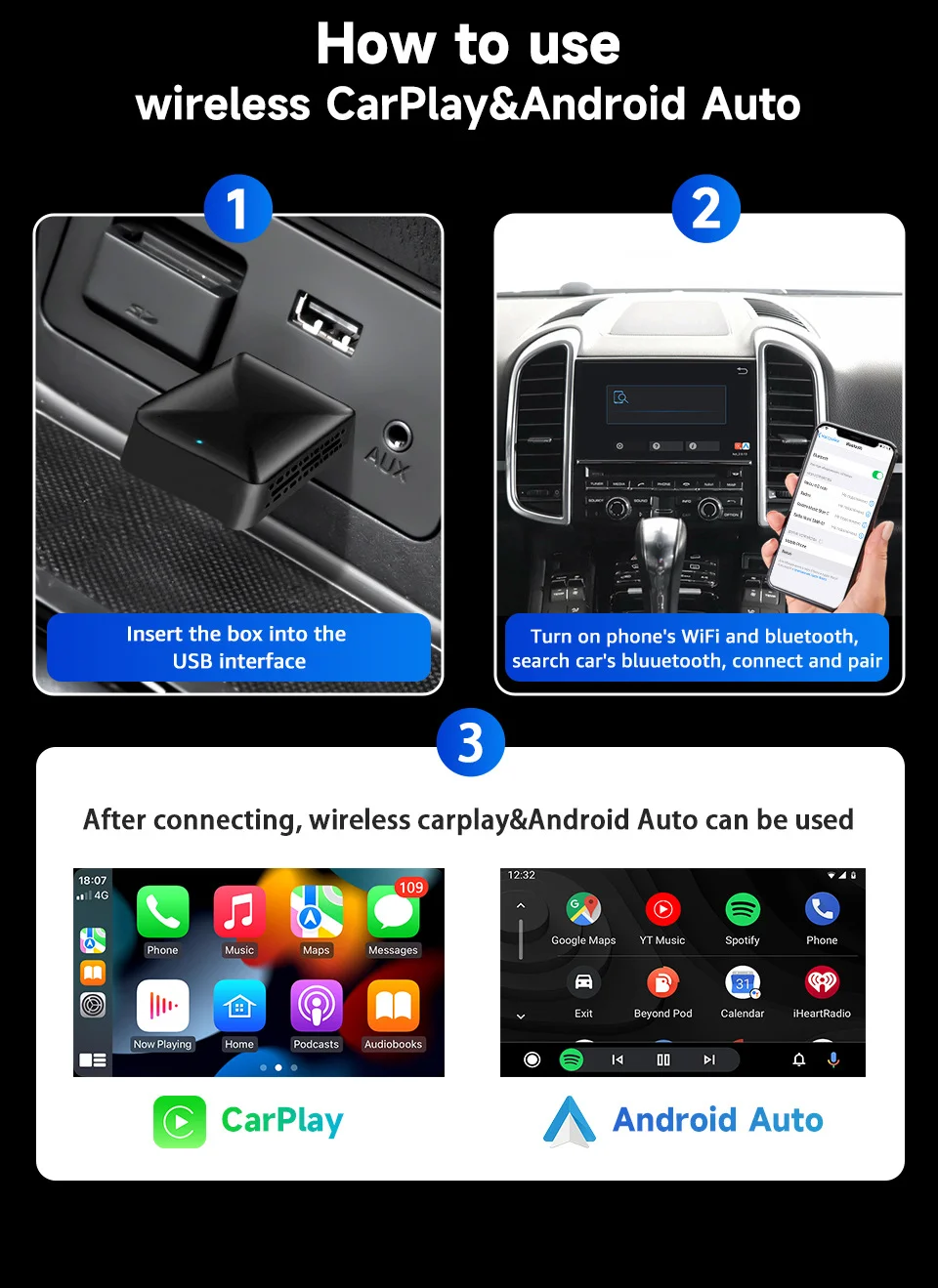 2-in-1 Carplay Android Auto USB Adapter OTA Upgrade Plug and Play Wired to Wireless Dongle Box-Cellmalls