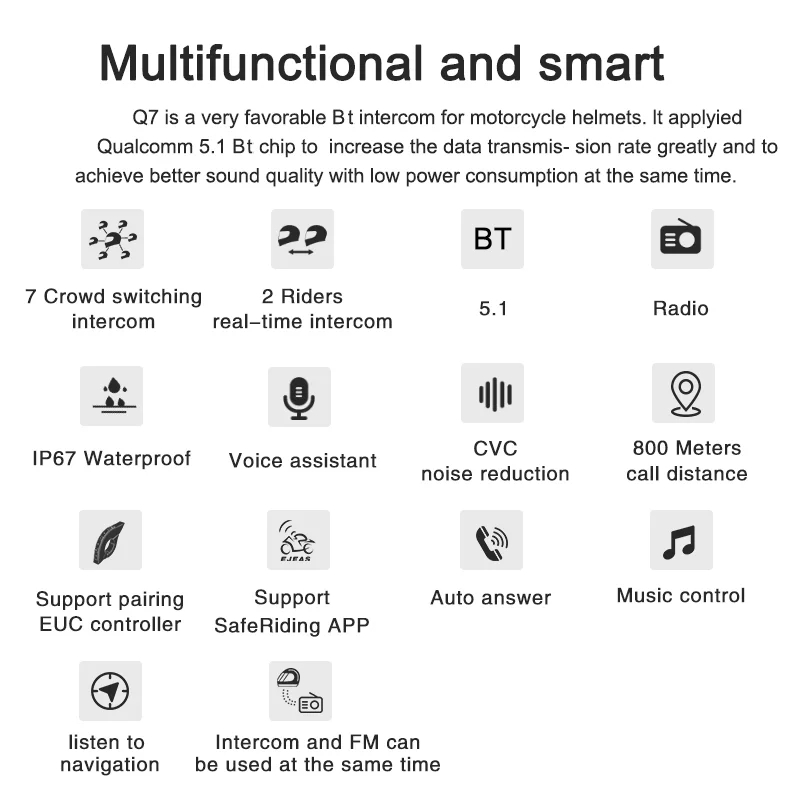 EJEAS Q7 800m Motorcycle Helmet Bluetooth-Compatible Intercom CVC Noise Canceling 7-Rider Walkie and Talkie-Cellmalls