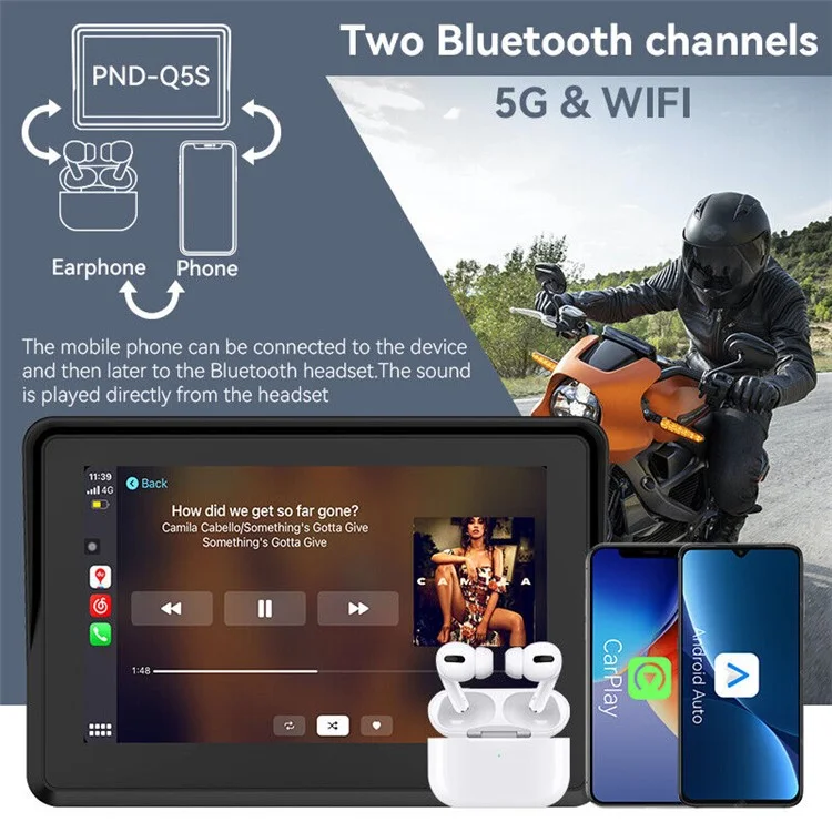 W512A 5 inch IPS Touch Screen 2.4G / 5G WiFi Motorcycle Navigation Screen with Wireless Carplay Android Auto-Cellmalls
