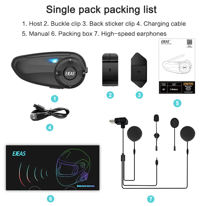 EJEAS Q7 800m Motorcycle Helmet Bluetooth-Compatible Intercom CVC Noise Canceling 7-Rider Walkie and Talkie-Cellmalls